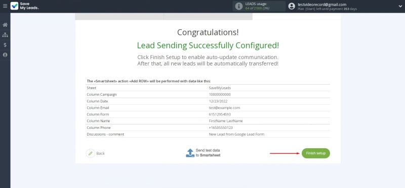 How to connect Google Ads Lead Form to Smartsheet | Click “Finish setup”