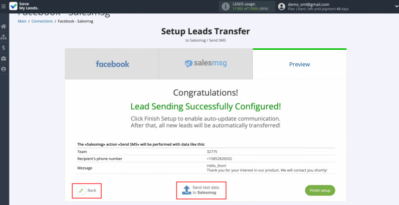 Salesmsg and Facebook integration | Click "Send test data to Salesmsg"