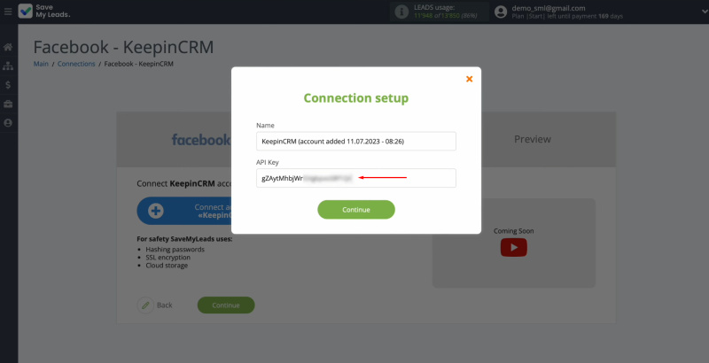 Facebook and KeepinCRM integration | Paste the API key into the corresponding field in SaveMyLeads