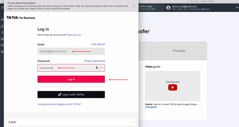 TikTok and Google Sheets integration | Specify the login and password of your TikTok account