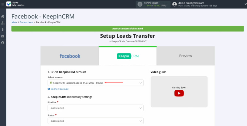 KeepinCRM integration | Select the created login
