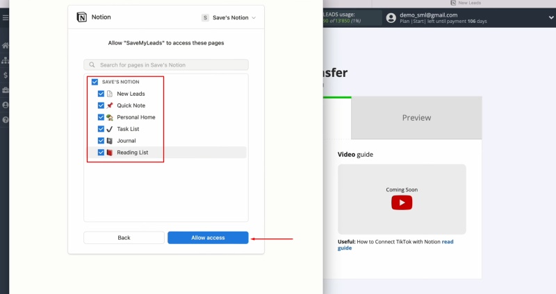 Notion and TikTok integration | Select all pages and confirm by clicking "Allow Access"