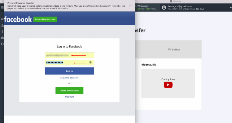 Facebook and KeyCRM integration | Specify the login and password