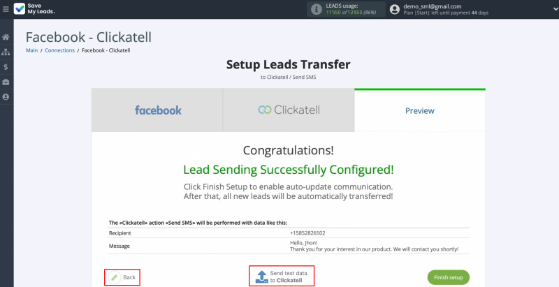 Facebook and Clickatell integration | Click “Back” or "Send test data to Clickatell"