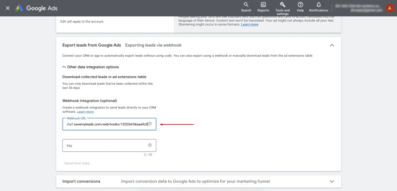 Paste the copied Webhook URL into the designated field