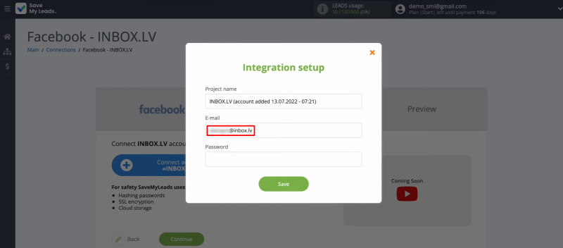 Facebook and INBOX.LV integration | Enter email