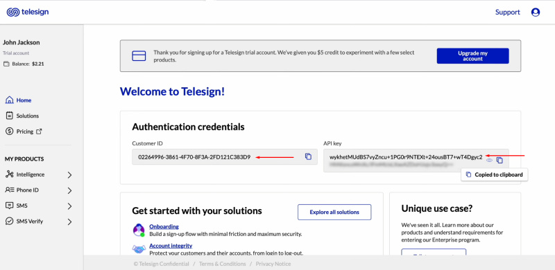Telesign and Facebook integration | Copy the customer ID and API key