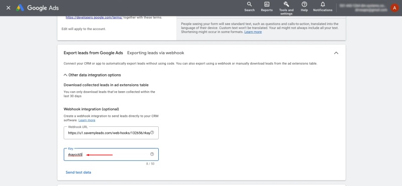 Google Lead Form and Smartsheet integration | In the "Key," insert the last fragment of the URL