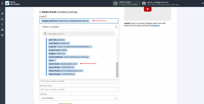 Google Lead Form and Elastic Email integration | Assign variables from the Google Lead Form