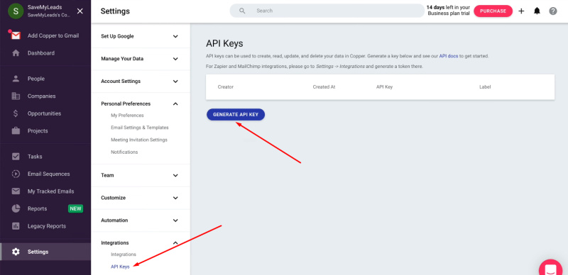 Facebook and Copper integration | Go to the "API Keys" section and&nbsp;generate an API Key