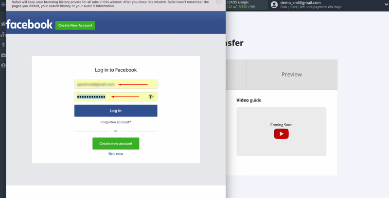 Facebook and Worksection integration | Specify the username and password of your Facebook account
