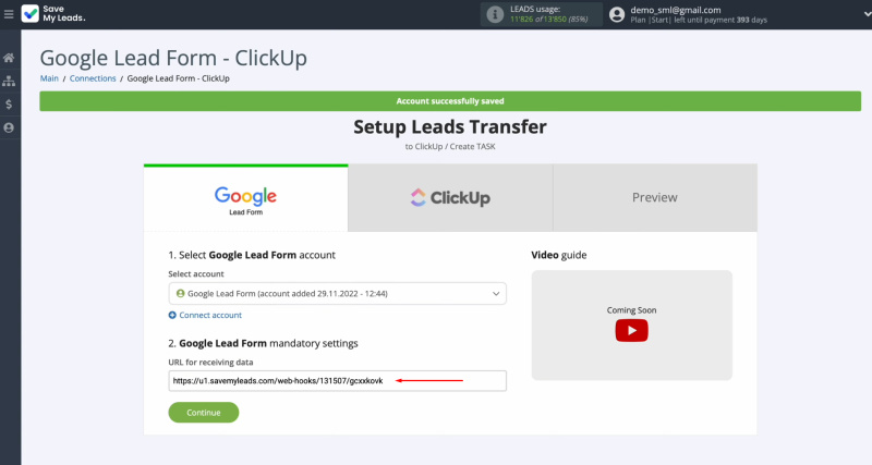 Google Ads Lead Form and ClickUp integration | Copy the provided URL for receiving data