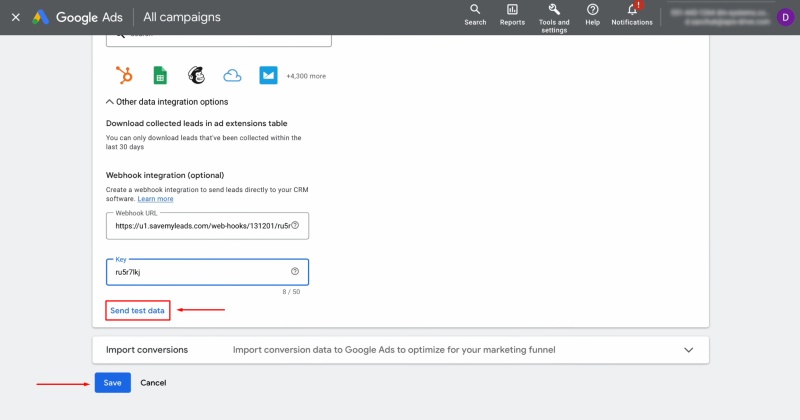 Send test data and click "Save"