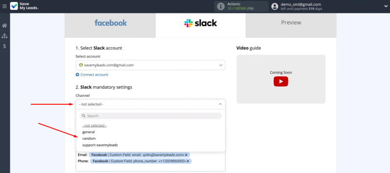 Facebook and Slack integration | Select a channel