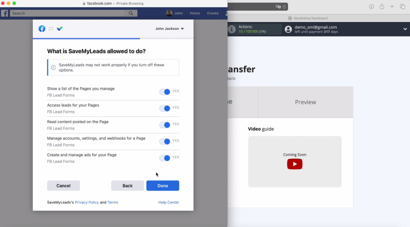 Facebook and Sendinblue integration | Turn on access for all items
