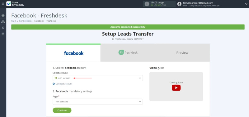 Facebook and Freshdesk integration | Select the connected account