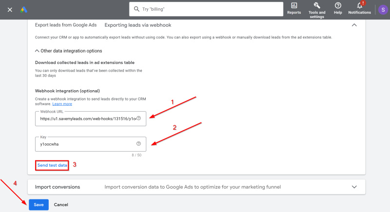 Google Lead Form and Mobile Text Alerts integration | Paste the copied link, click "Send test data," and save your changes