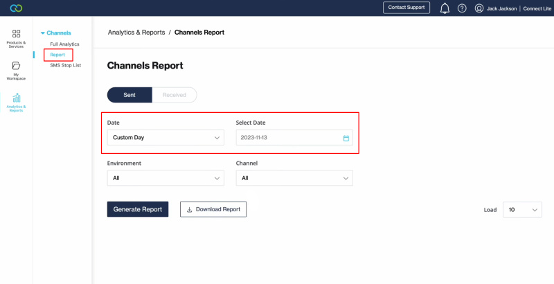 Facebook and Clickatell integration | Go to the "Report" section and select a date