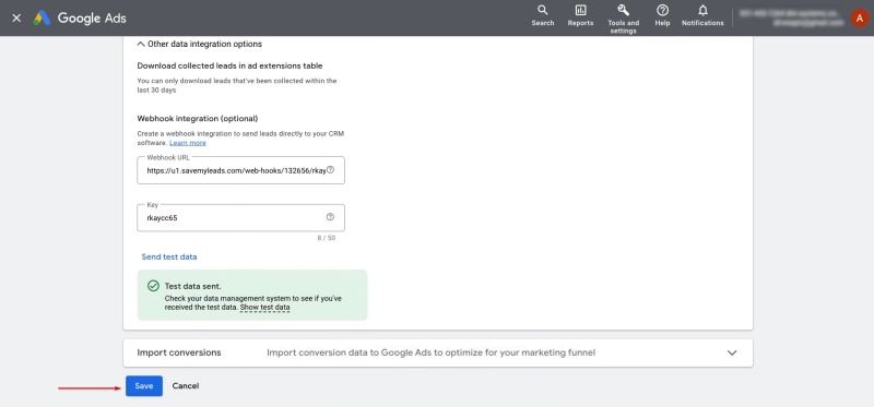 Google Lead Form and Smartsheet integration | Save changes