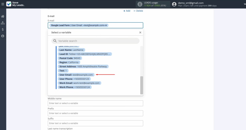 Assign the Google Lead Form variables to the appropriate Google Contacts fields
