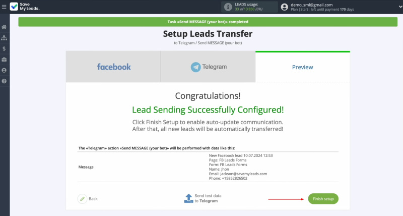 Facebook and Telegram integration | Click “Finish setup” to enable auto-update of the connection