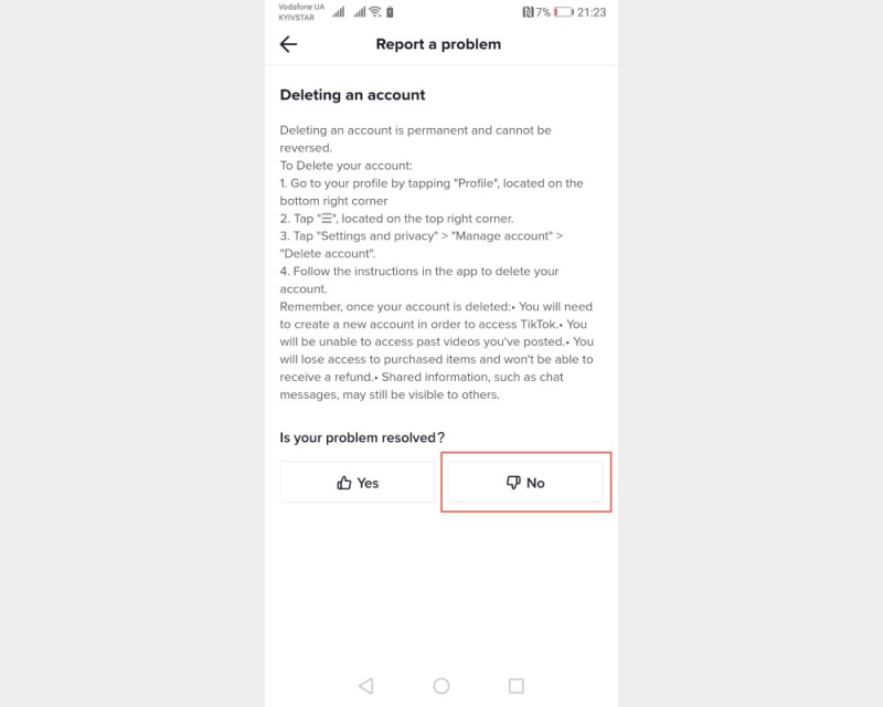 Deleting a TikTok Account | Choose answer No