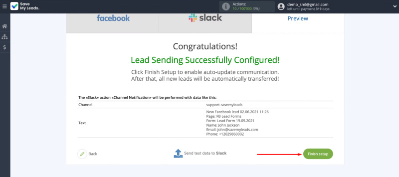 Facebook and Slack integration | Click the "Finish setup" button