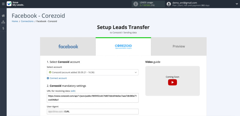 How to set up uploading new leads from a Facebook ad account in Corezoid | Configuring data reception in Corezoid (1)
