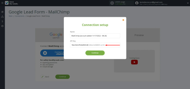 Google Lead Form and Mailchimp integration | Paste the API key into the appropriate field in SaveMyLeads