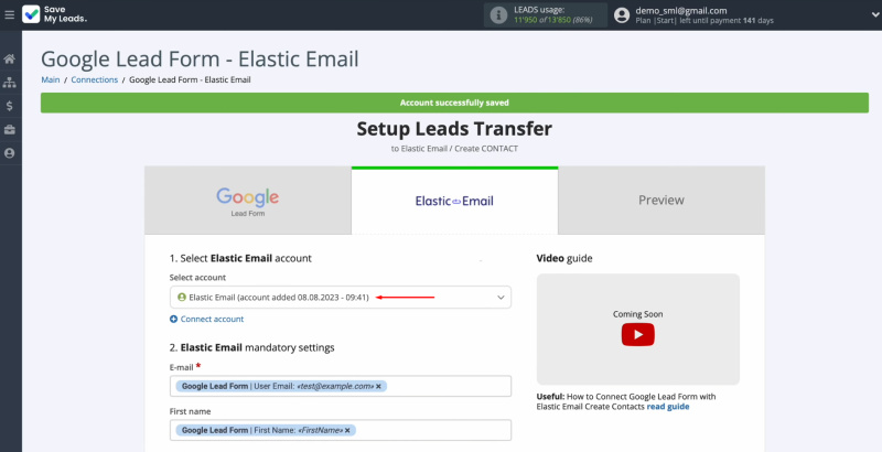 Google Lead Form and Elastic Email integration | Select the connected account