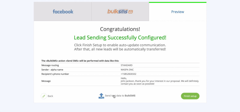 Facebook and BulkSMS integration | Click Send Test Data to BulkSMSto your BulkSMS