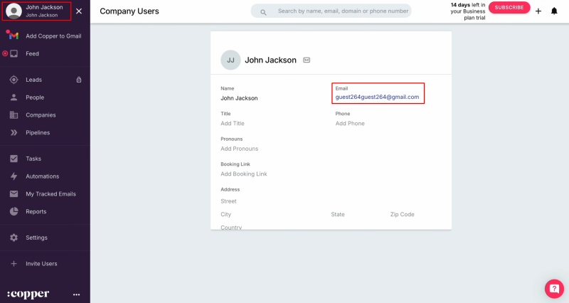 Go to your Copper account settings and copy your e-mail