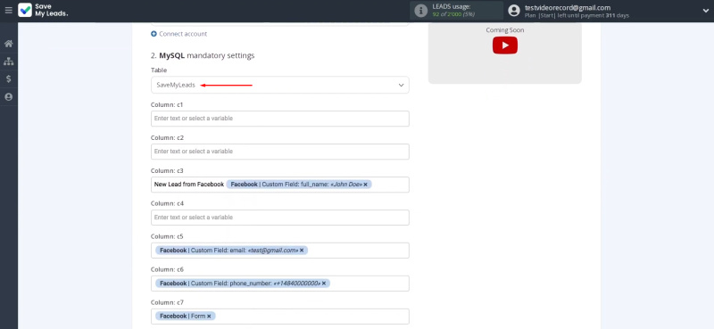 MySQL and Facebook integration | Specify the table