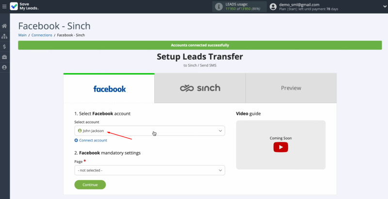 Facebook and Sinch integration | Select the connected login