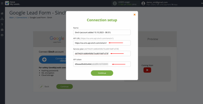 Google Lead Form and Sinch integration | Paste the URL, service plan, and API token into the appropriate fields