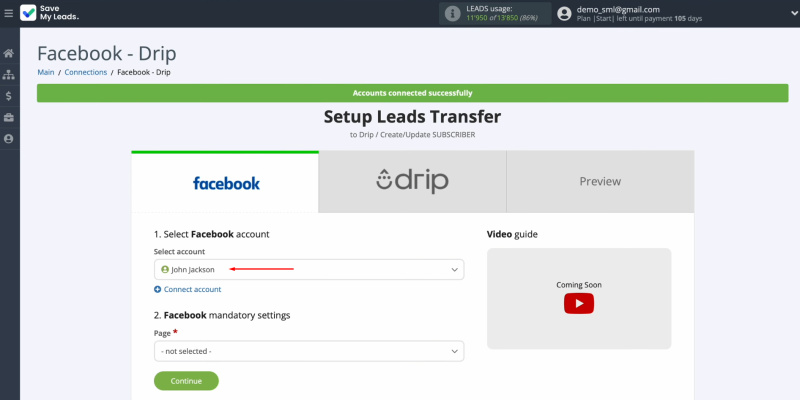 Facebook and Drip integration | Select the connected login