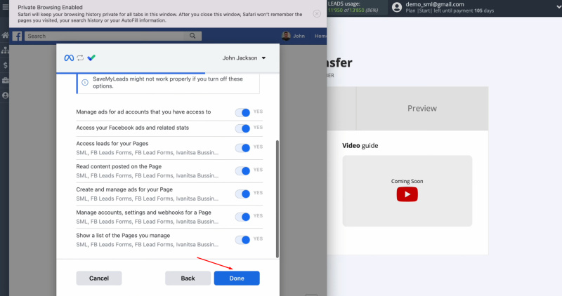 Facebook and Drip integration | Leave all checkboxes enabled and click “Done”