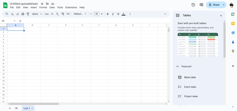 Google Sheets interface