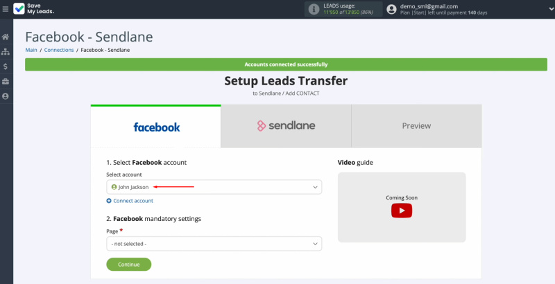 Sendlane and Facebook integration | Select the connected login