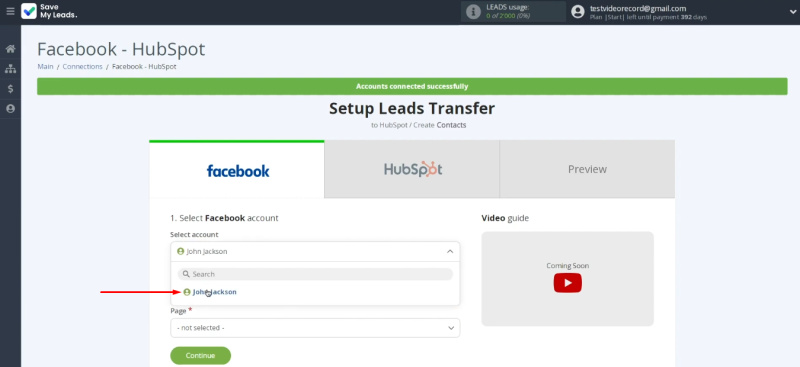 Facebook and HubSpot integration | The FB account in the list of available ones
