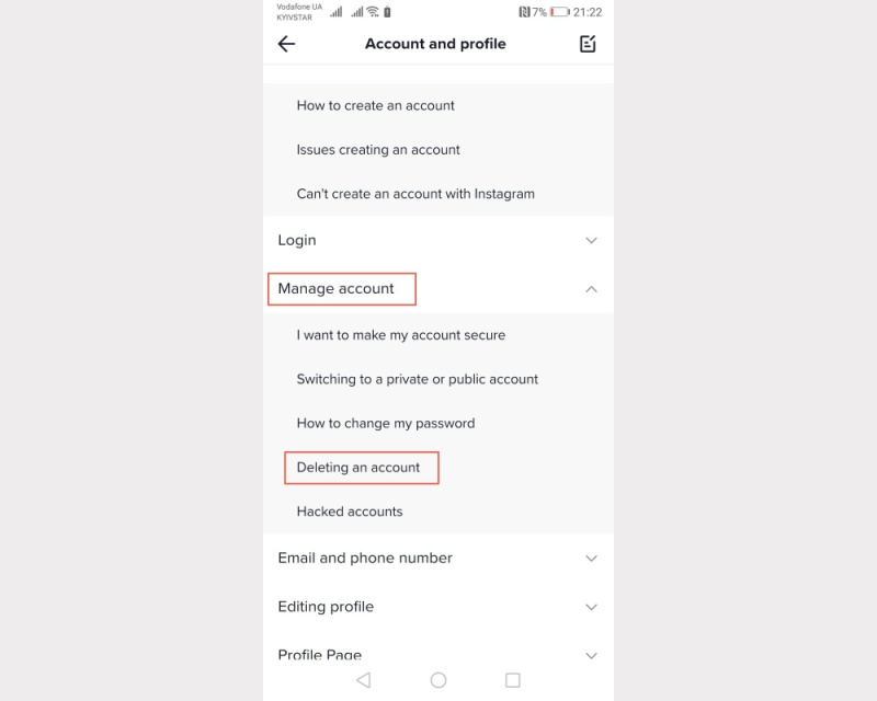 Deleting a TikTok Account | Go to the Manage account category