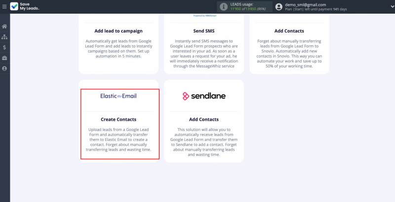 Google Lead Form and Elastic Email integration | Select the Elastic Email (Create Contacts)