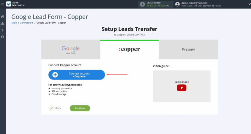 Google Lead Form and Copper integration | Connect your Gmail account to SaveMyLeads