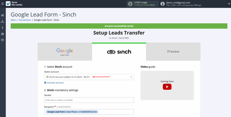 Google Lead Form and Sinch integration | Select the connected account