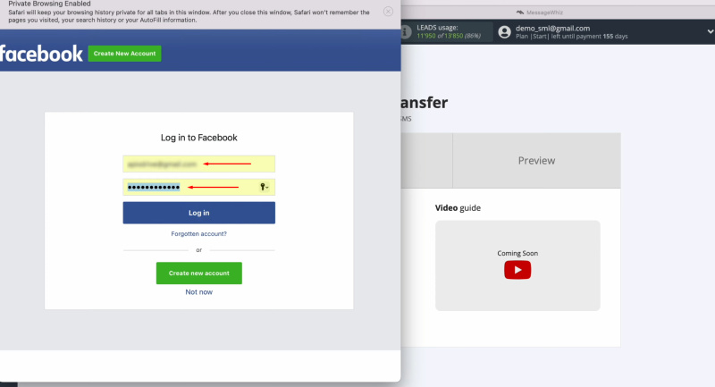 MessageWhiz and Facebook integration | Specify the login and password of your Facebook account