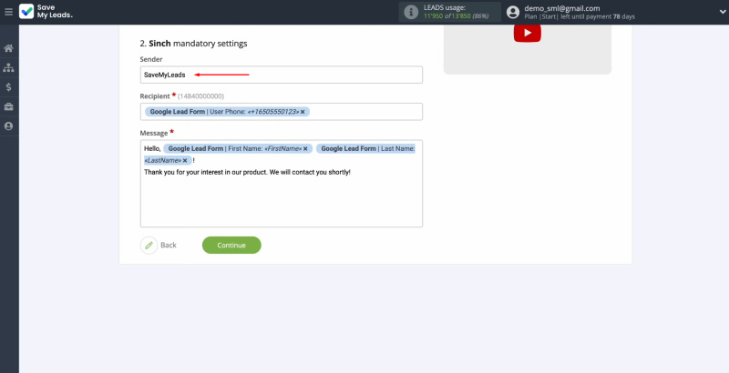 Google Lead Form and Sinch integration | Specify the name of the sender