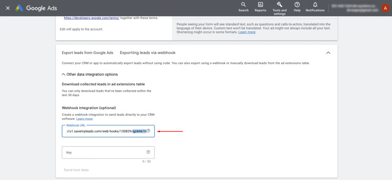 Google Lead Form and Gmail integration | Copy the last part of the SaveMyLeads URL