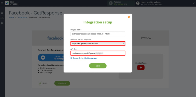 How To Set Up New Leads From Facebook To GetResponse | Specify the API address and key