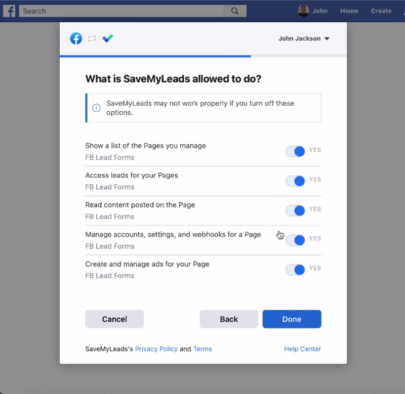 Facebook and SendGrid integration | Leave all accesses enabled