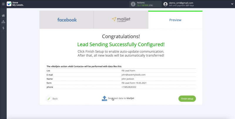 Facebook and Mailjet integration | Click Send test data to Mailjet&nbsp;